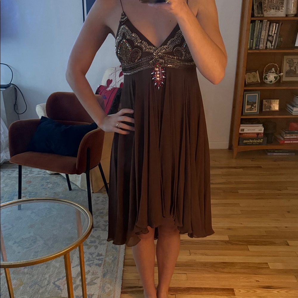 Brown Beaded Empire Waist Cocktail Dress